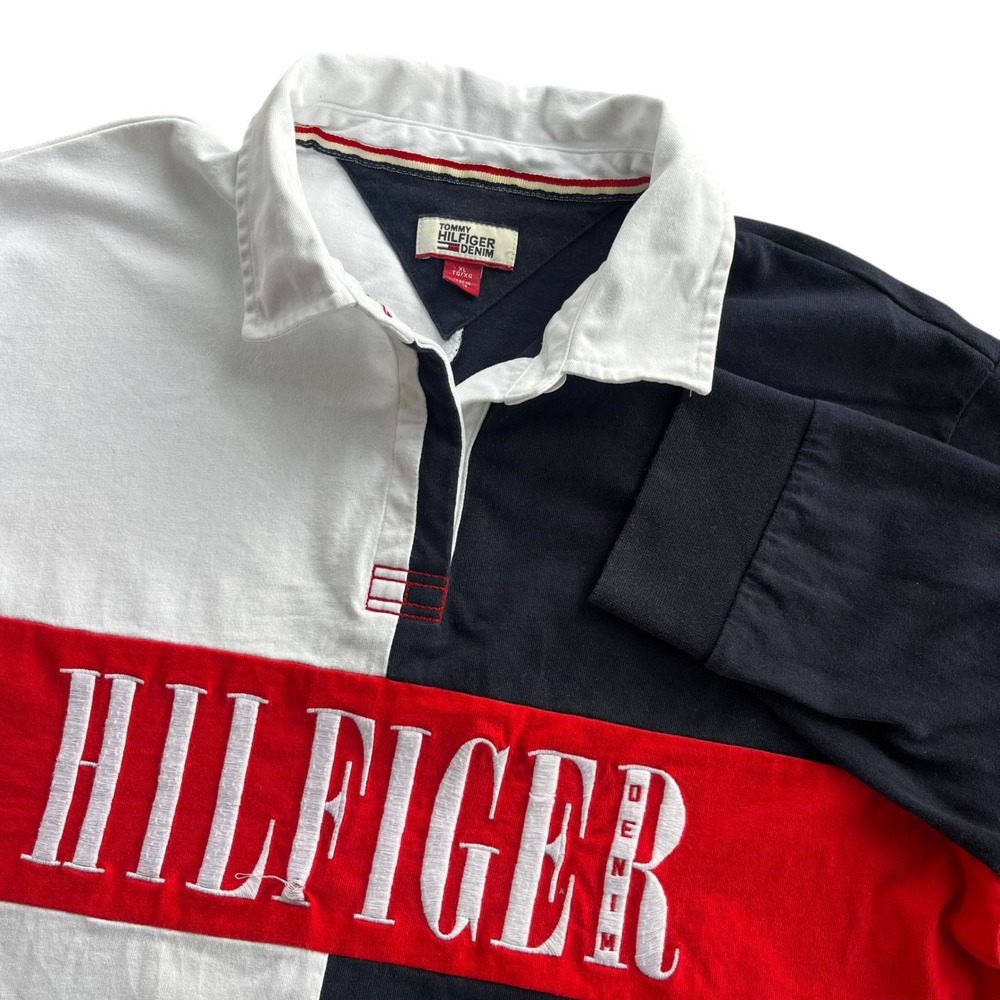 Tommy Hilfiger Denim Women's XL Red White Blue Colorblock Long Sleeve Rugby Polo